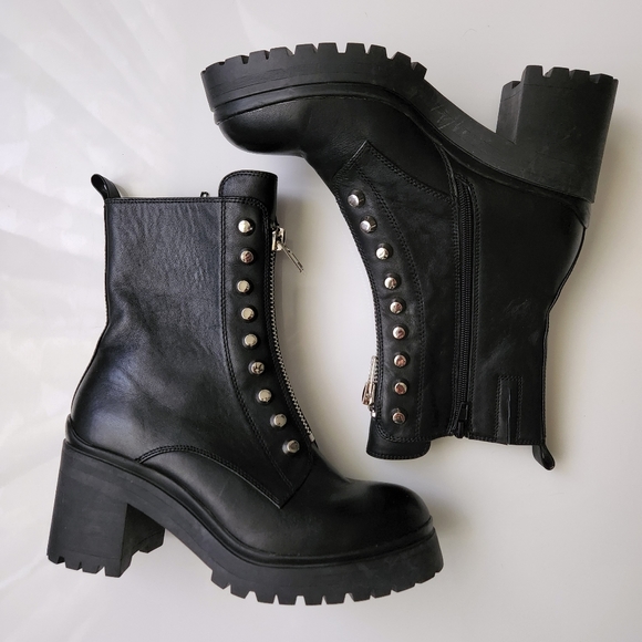 JEFFREY CAMPBELL Zoeigh Studded Black Leather Block Heel Platform Combat Boot - Picture 2 of 8